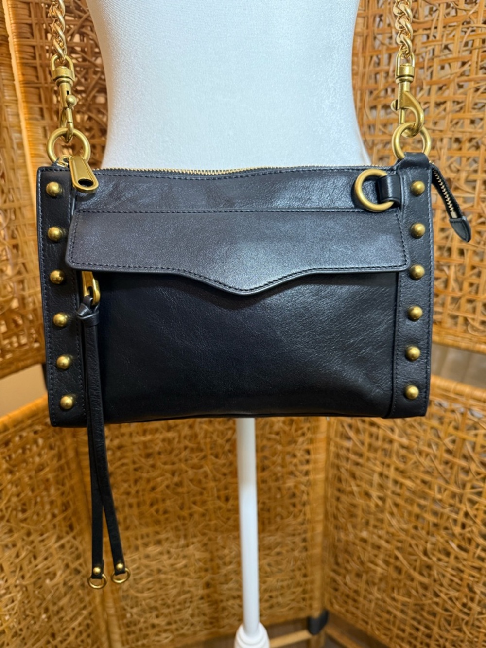 Rebecca Minkoff Black Leather Crossbody Studded Chain Strap Bag